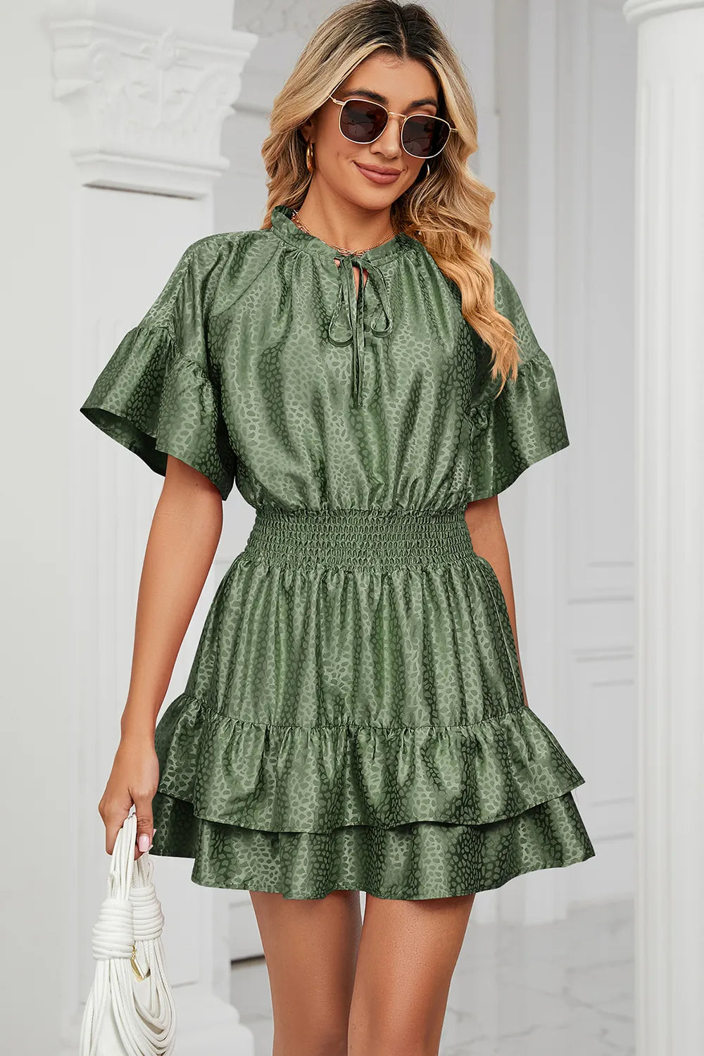 Solid color waist cinching loose V-neck lotus leaf dress for women - Korvel