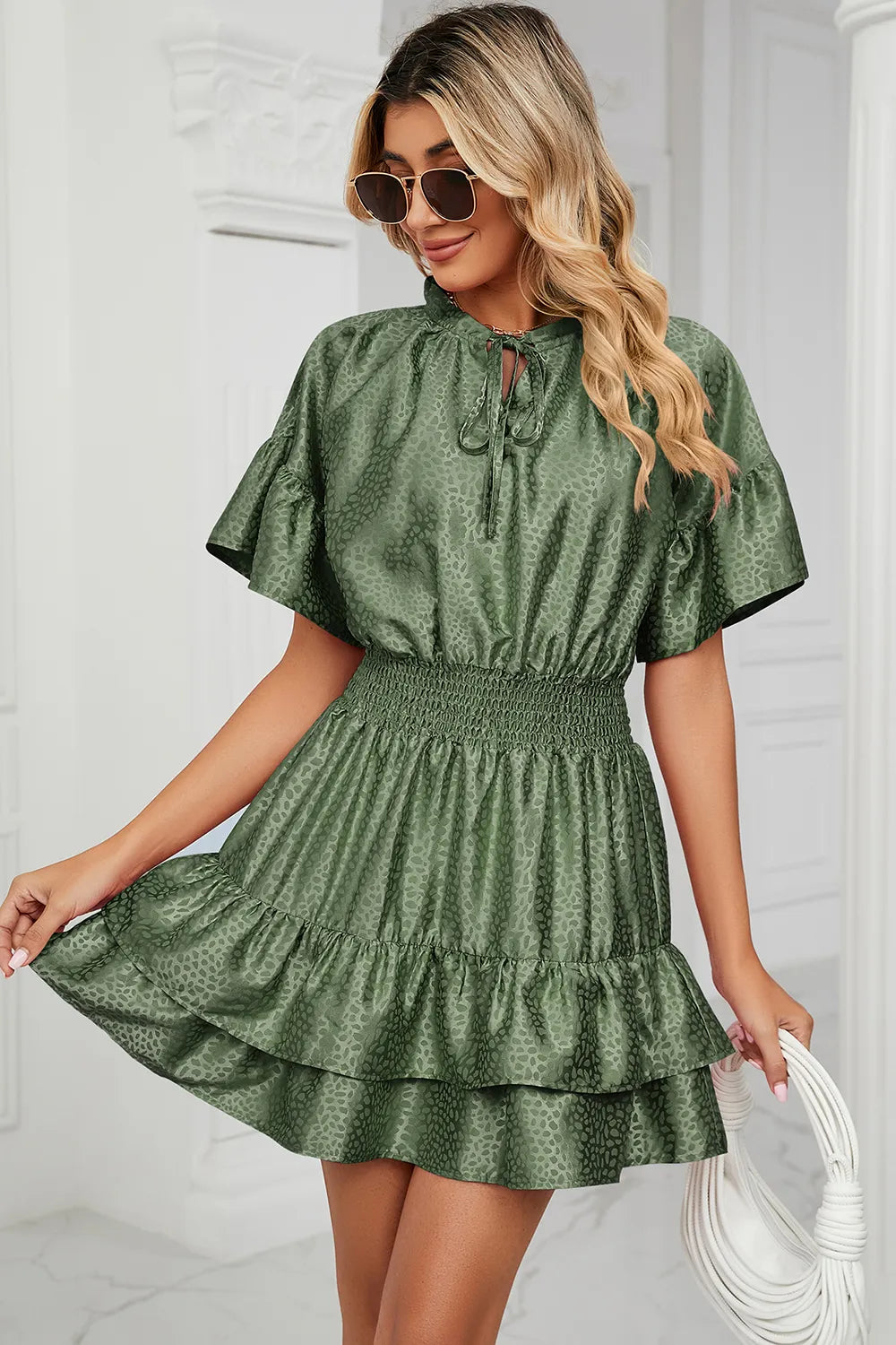 Solid color waist cinching loose V-neck lotus leaf dress for women - Korvel