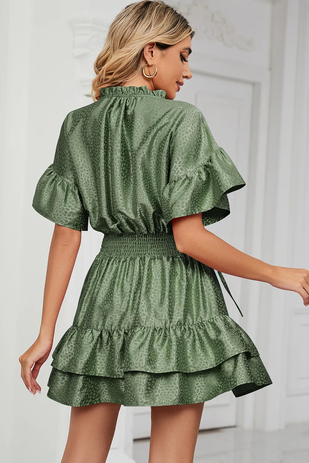 Solid color waist cinching loose V-neck lotus leaf dress for women - Korvel