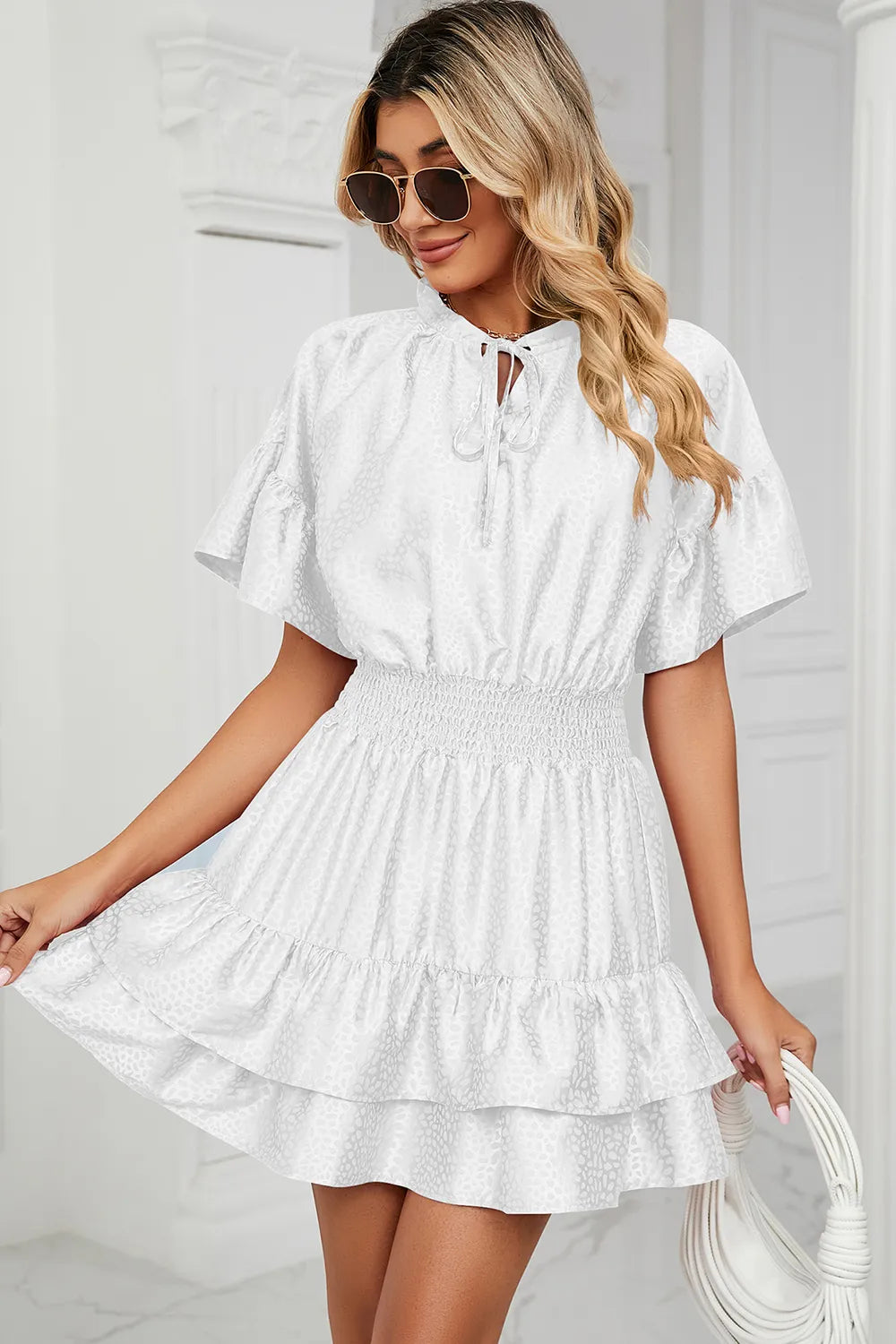 Solid color waist cinching loose V-neck lotus leaf dress for women - Korvel