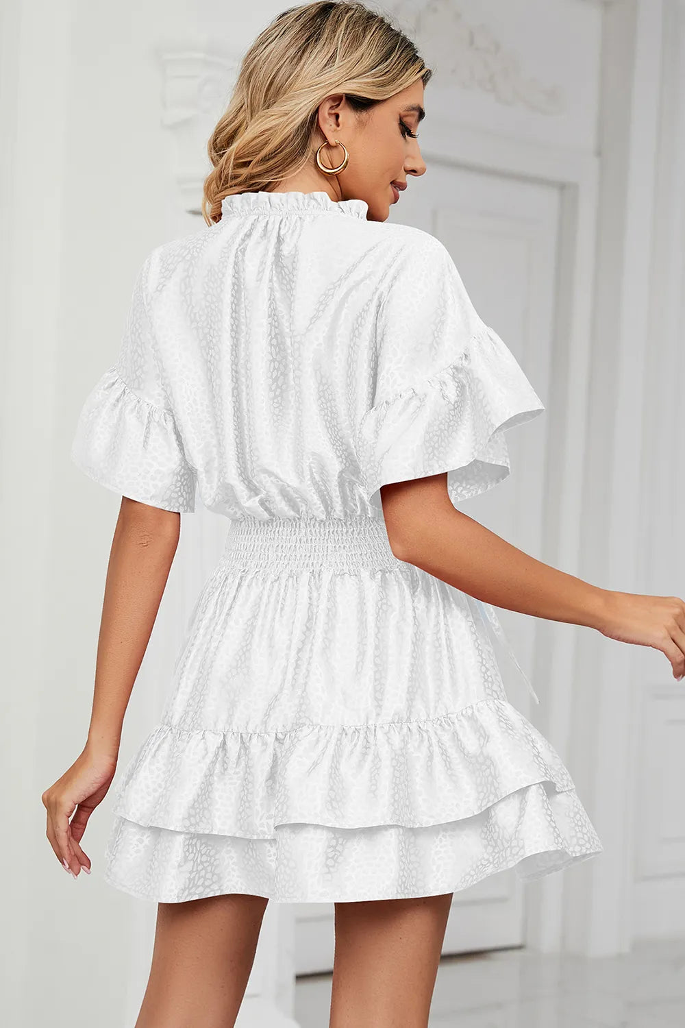Solid color waist cinching loose V-neck lotus leaf dress for women - Korvel