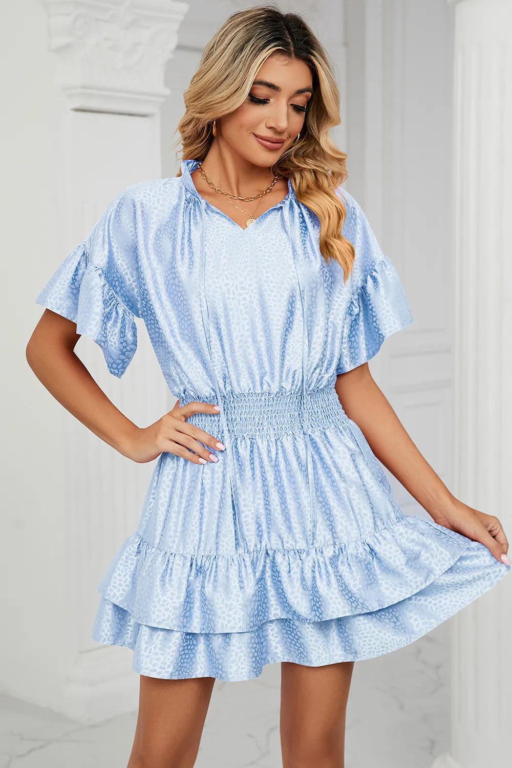 Solid color waist cinching loose V-neck lotus leaf dress for women - Korvel