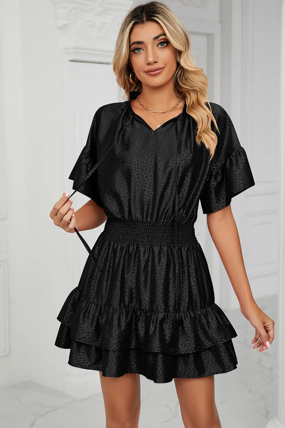 Solid color waist cinching loose V-neck lotus leaf dress for women - Korvel