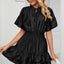 Solid color waist cinching loose V-neck lotus leaf dress for women - Korvel