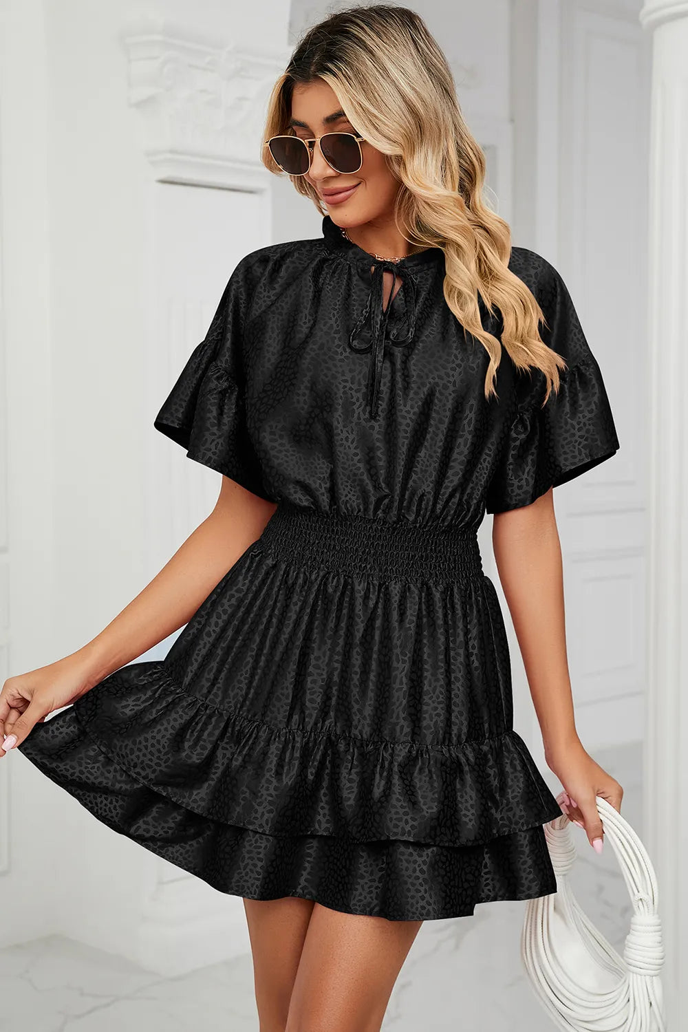 Solid color waist cinching loose V-neck lotus leaf dress for women - Korvel