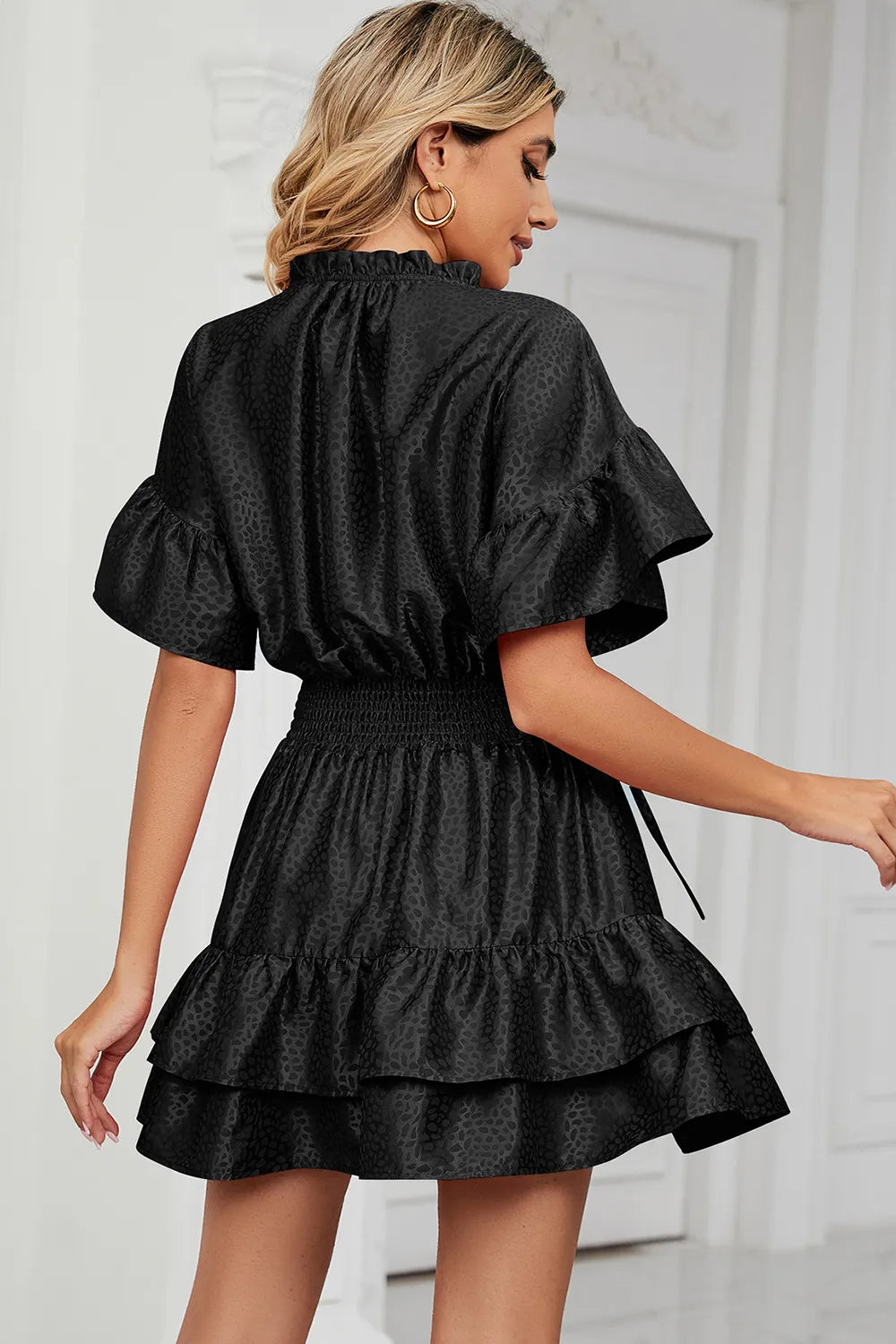 Solid color waist cinching loose V-neck lotus leaf dress for women - Korvel
