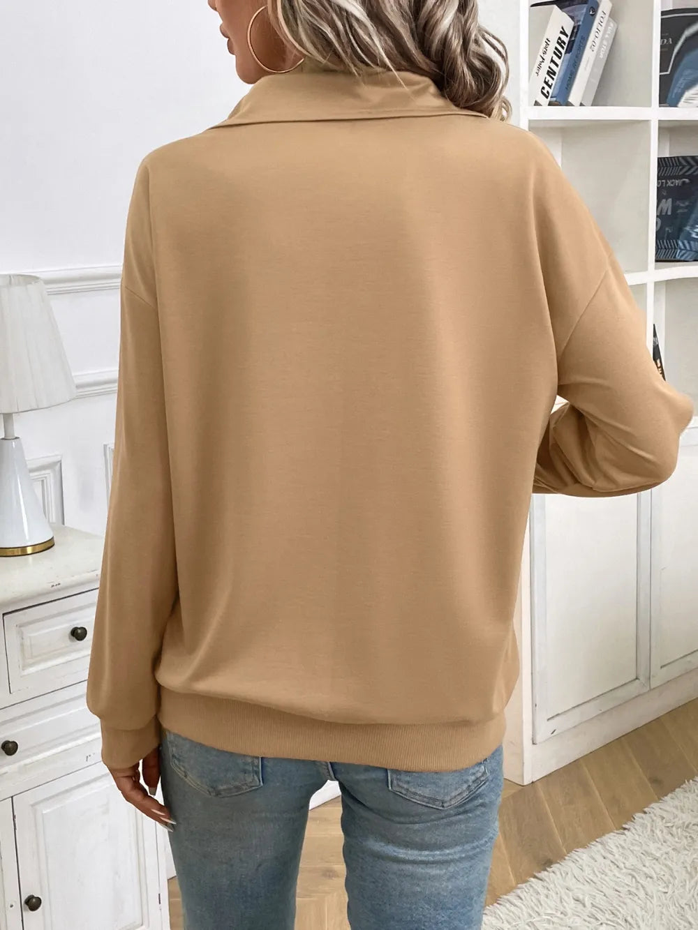 Solid color zipper pocket long sleeved lapel sweatshirt - Korvel