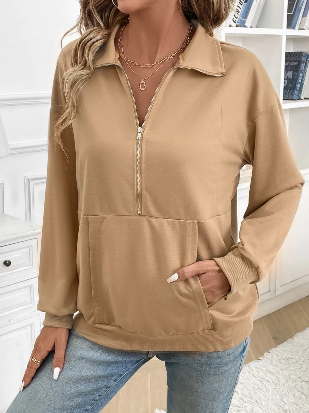Solid color zipper pocket long sleeved lapel sweatshirt - Korvel