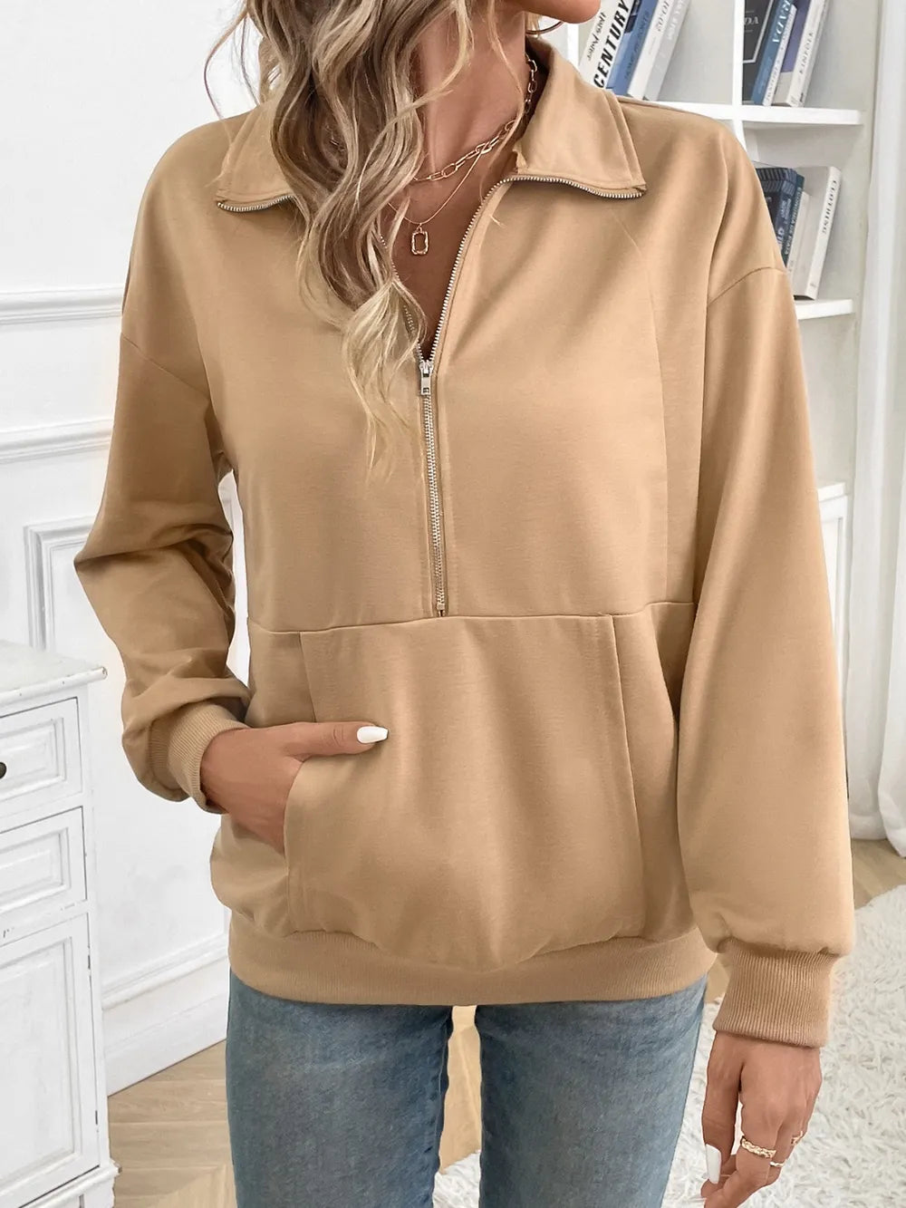 Solid color zipper pocket long sleeved lapel sweatshirt - Korvel