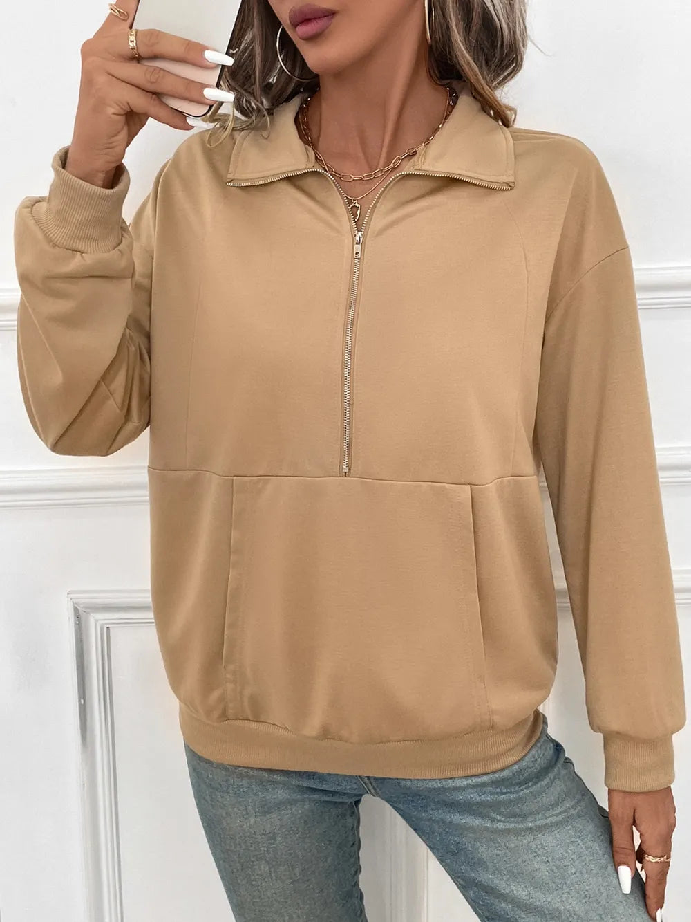 Solid color zipper pocket long sleeved lapel sweatshirt - Korvel