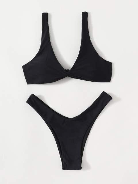 Chic Solid Color High Cut Padded Bikini Set for Women - Korvel