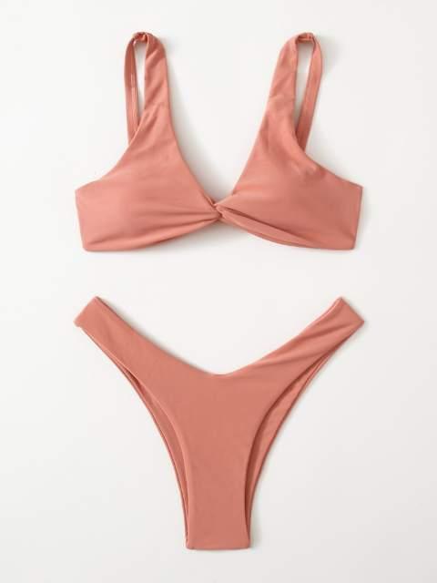 Chic Solid Color High Cut Padded Bikini Set for Women - Korvel