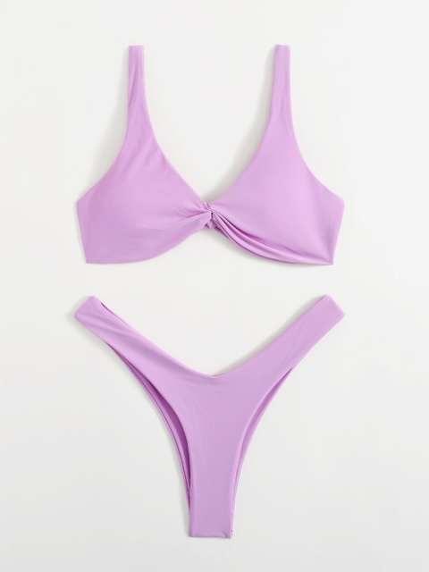 Chic Solid Color High Cut Padded Bikini Set for Women - Korvel