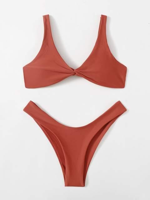 Chic Solid Color High Cut Padded Bikini Set for Women - Korvel