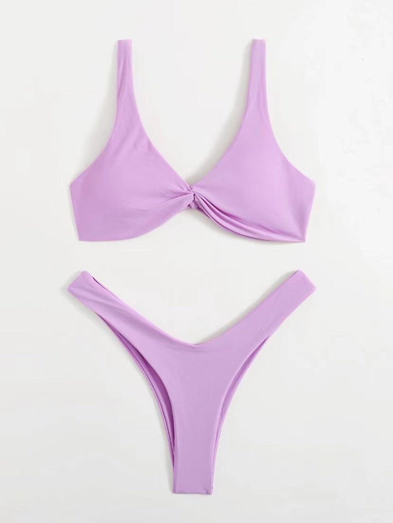 Chic Solid Color High Cut Padded Bikini Set for Women - Korvel