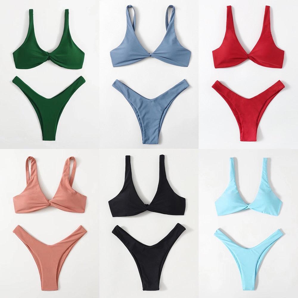 Chic Solid Color High Cut Padded Bikini Set for Women - Korvel