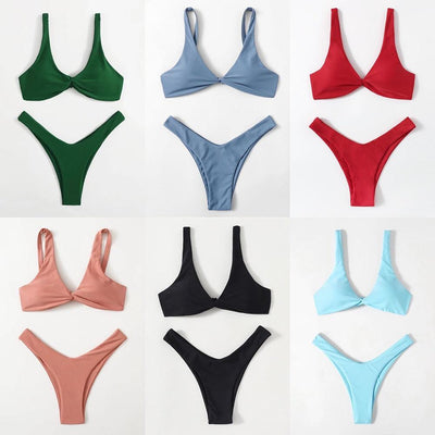 Chic Solid Color High Cut Padded Bikini Set for Women - Korvel