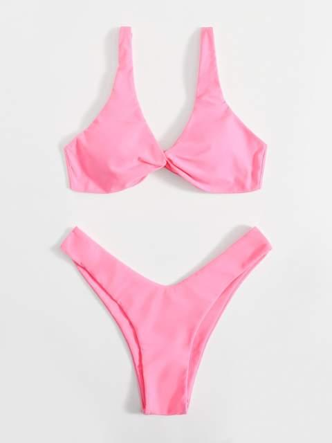Chic Solid Color High Cut Padded Bikini Set for Women - Korvel
