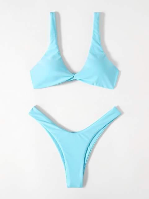 Chic Solid Color High Cut Padded Bikini Set for Women - Korvel