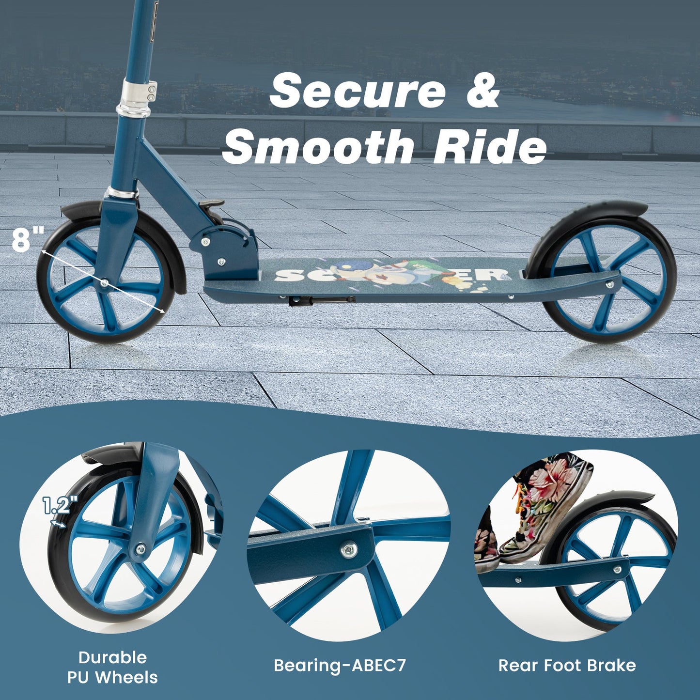 Scooter Plegable de Aleación de Aluminio con Alturas Ajustables - Azul
