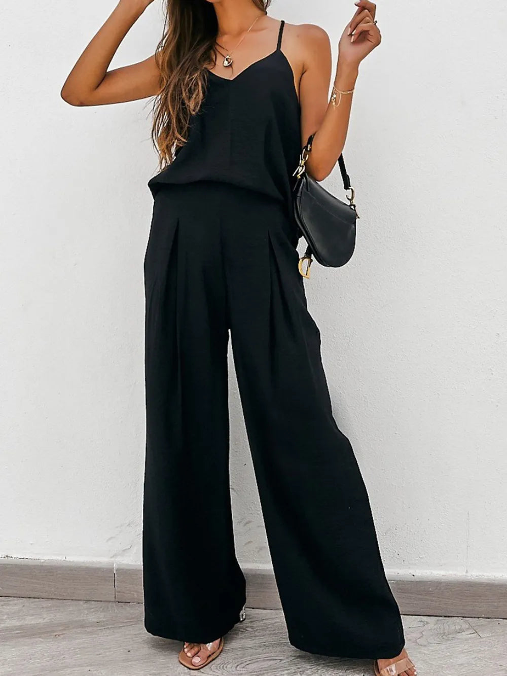 Spaghetti Strap Cami and Wide Leg Pants Set - Korvel