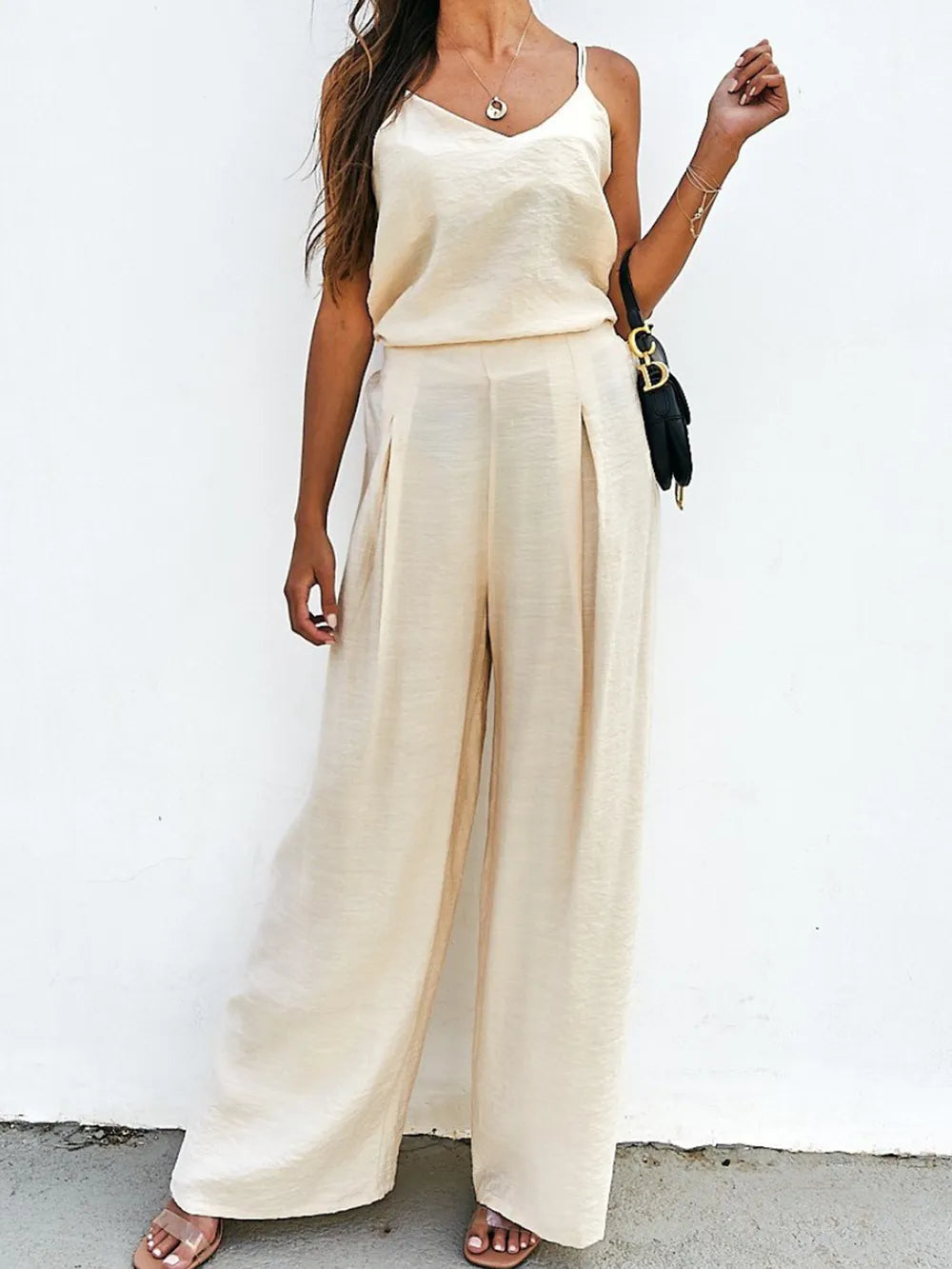 Spaghetti Strap Cami and Wide Leg Pants Set - Korvel
