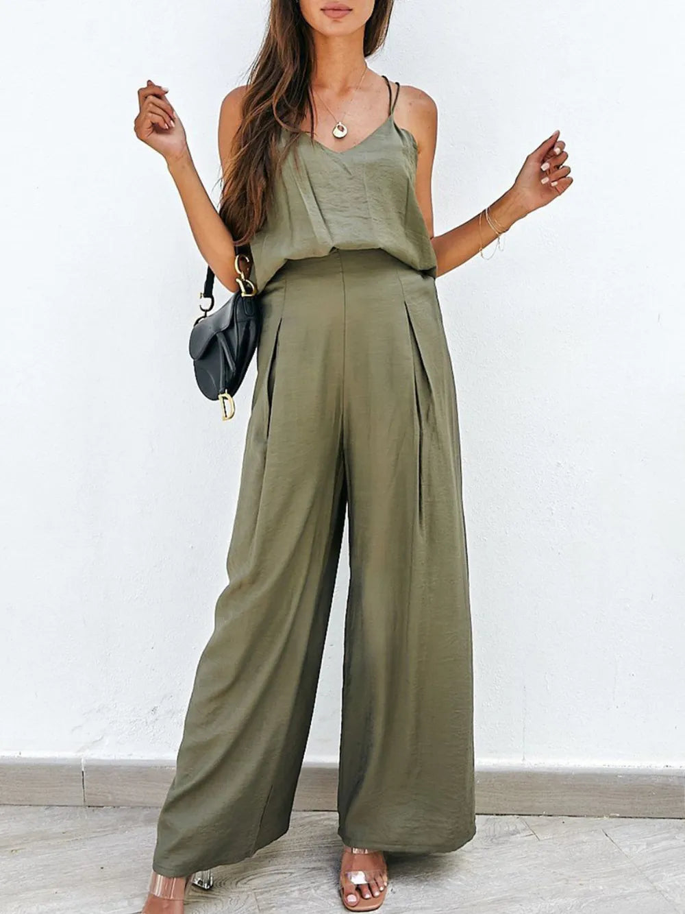 Spaghetti Strap Cami and Wide Leg Pants Set - Korvel