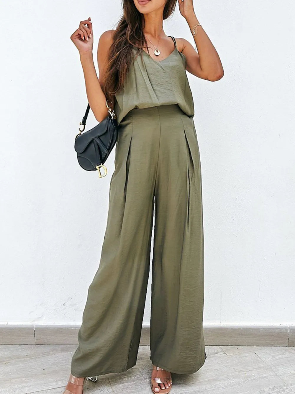 Spaghetti Strap Cami and Wide Leg Pants Set - Korvel