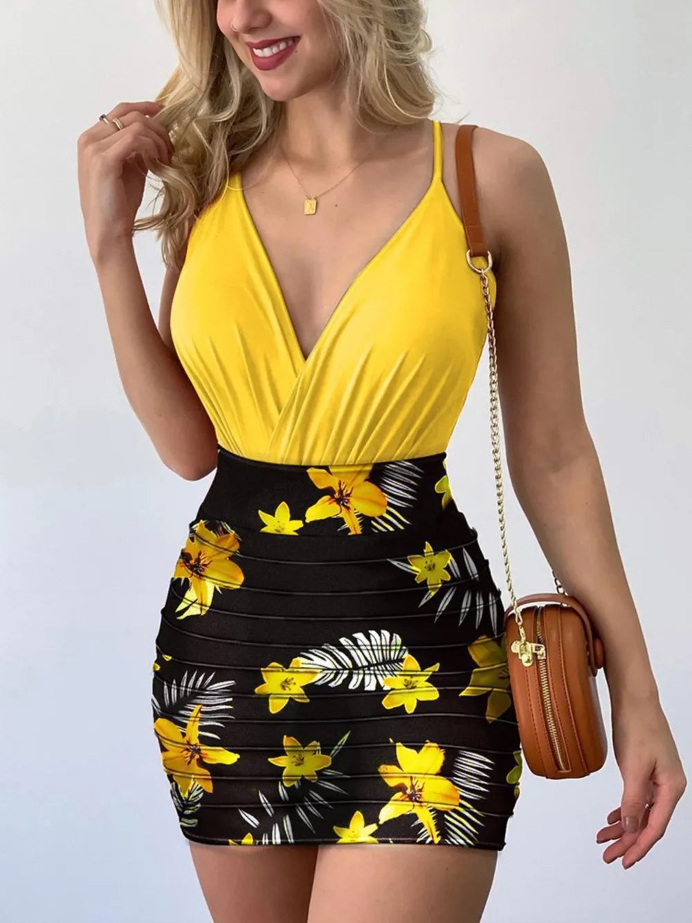 Spaghetti Strap Top and Printed Mini Skirt Set - Korvel
