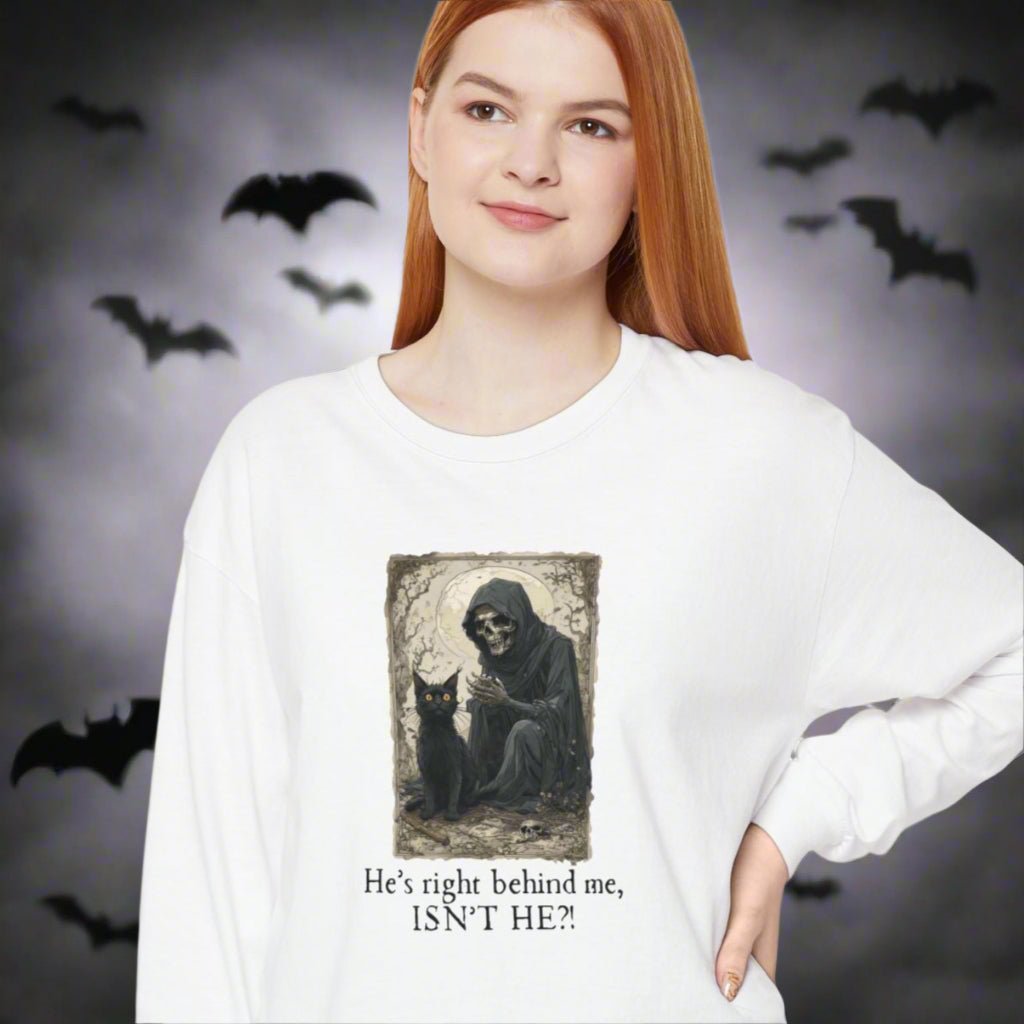 Whimsical Grim Reaper Cat Long-Sleeve Tee – Ideal for Halloween Lovers - Korvel