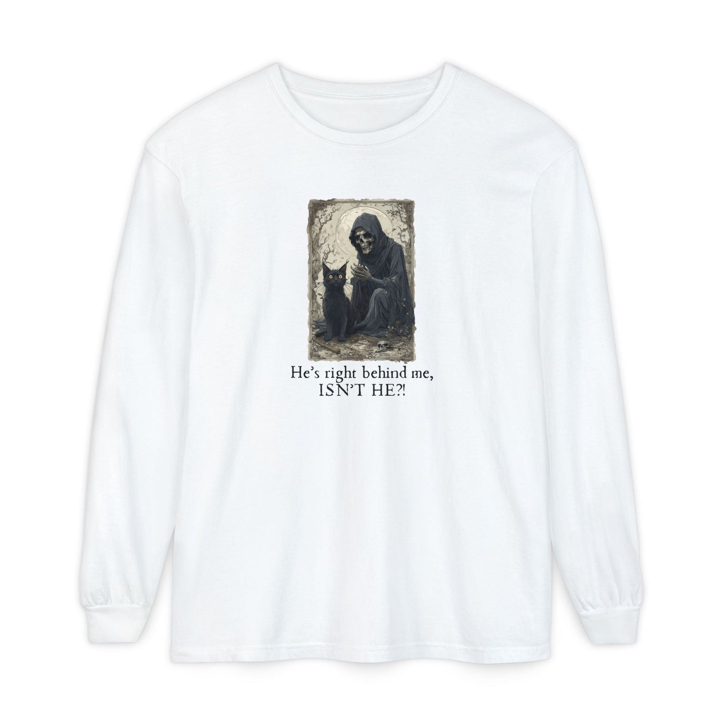 Whimsical Grim Reaper Cat Long-Sleeve Tee – Ideal for Halloween Lovers - Korvel