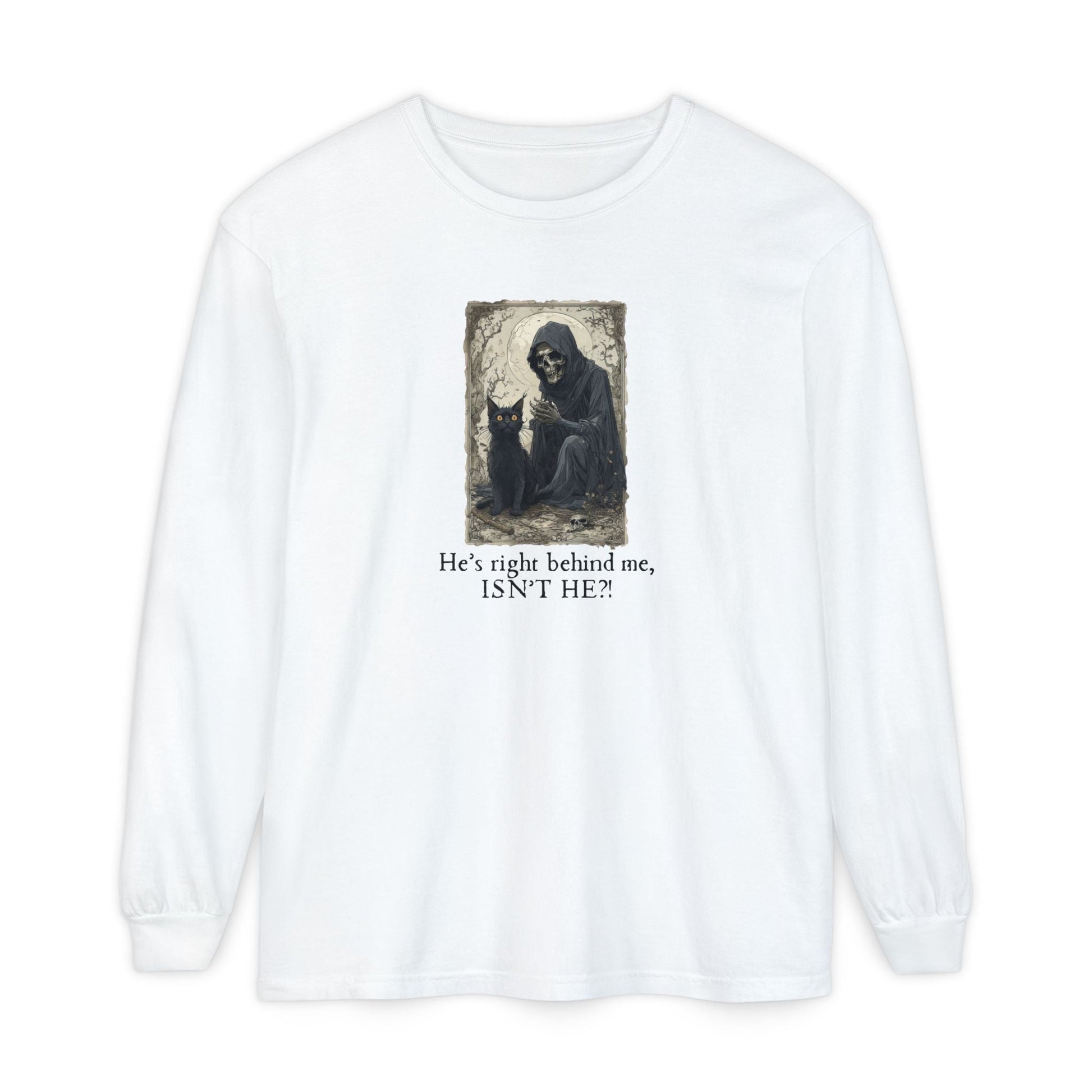 Whimsical Grim Reaper Cat Long-Sleeve Tee – Ideal for Halloween Lovers - Korvel