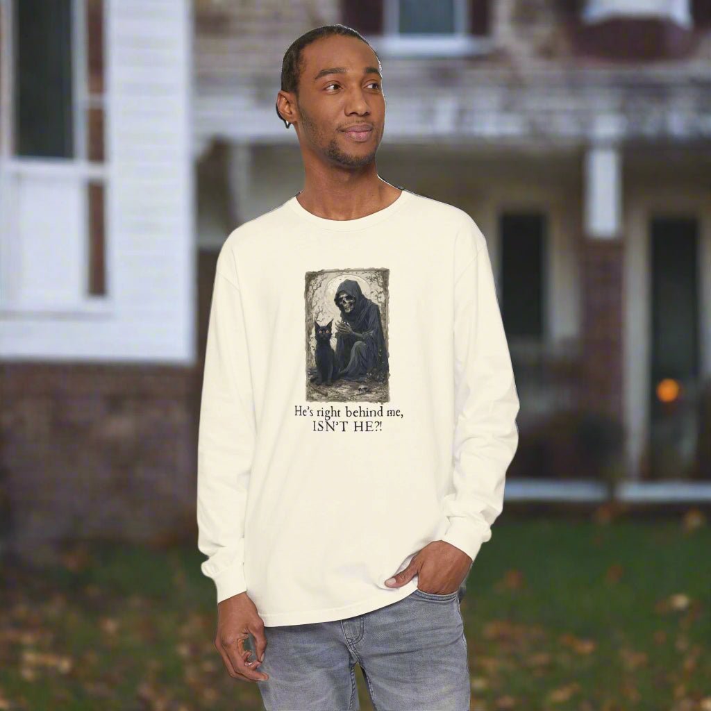 Whimsical Grim Reaper Cat Long-Sleeve Tee – Ideal for Halloween Lovers - Korvel