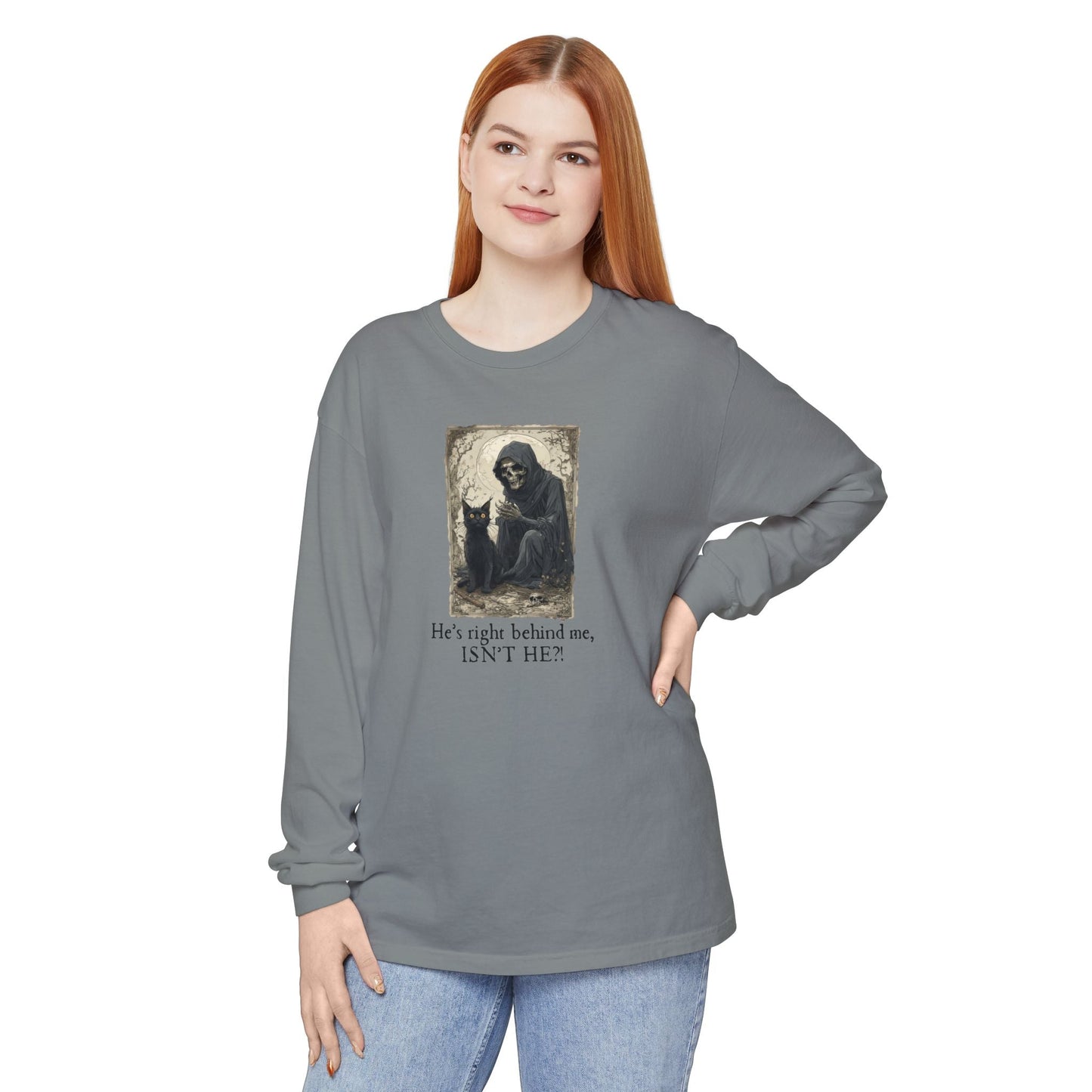 Whimsical Grim Reaper Cat Long-Sleeve Tee – Ideal for Halloween Lovers - Korvel