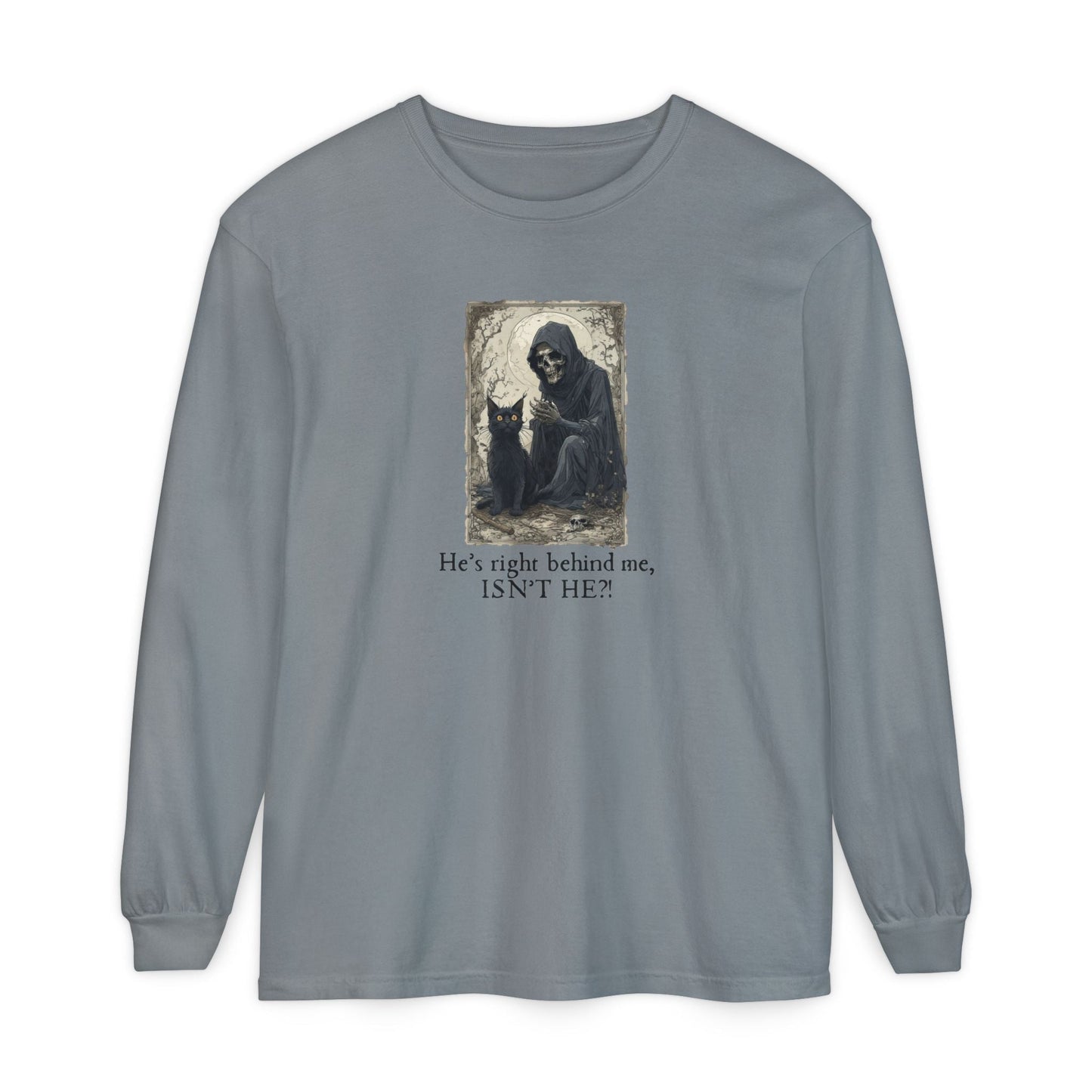 Whimsical Grim Reaper Cat Long-Sleeve Tee – Ideal for Halloween Lovers - Korvel