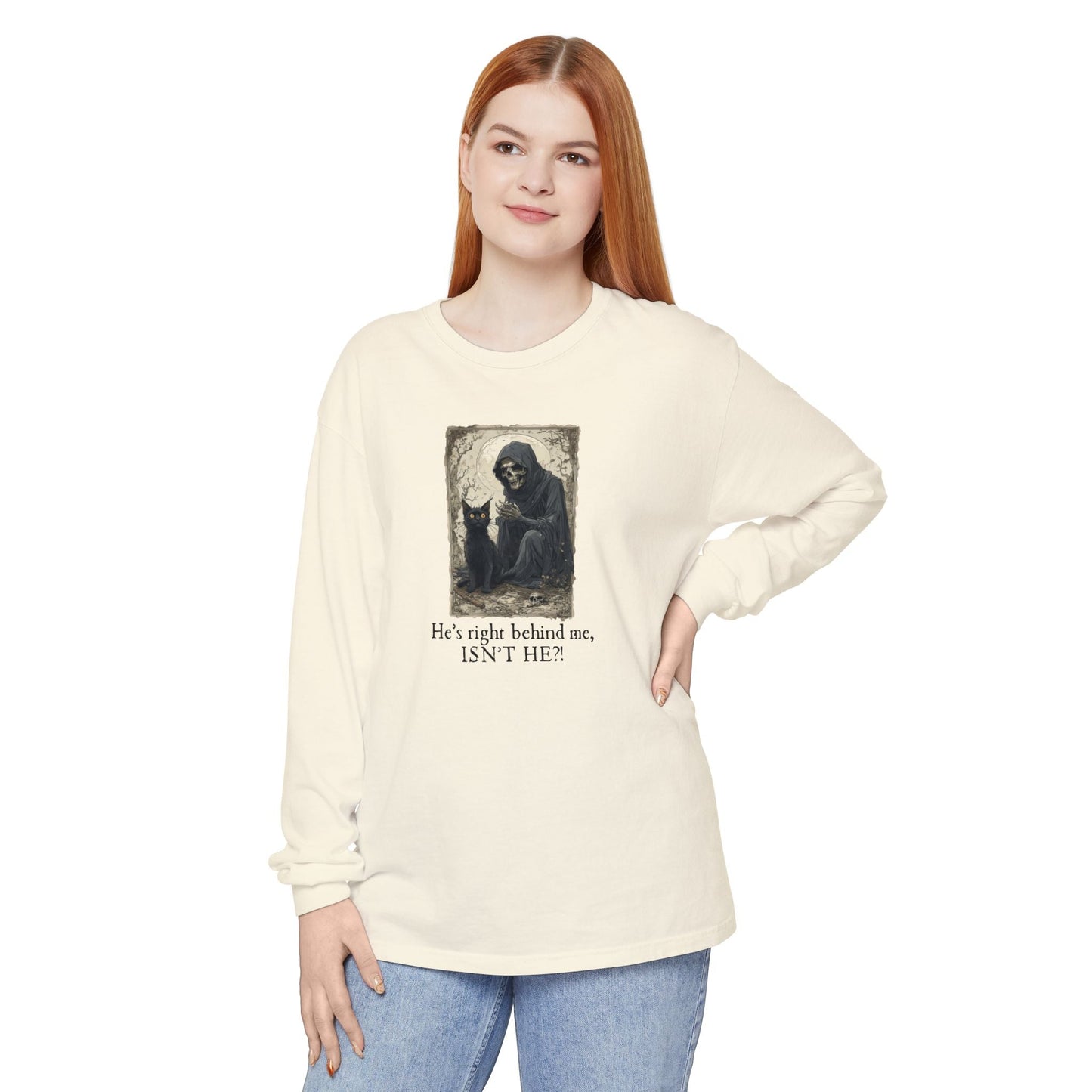 Whimsical Grim Reaper Cat Long-Sleeve Tee – Ideal for Halloween Lovers - Korvel