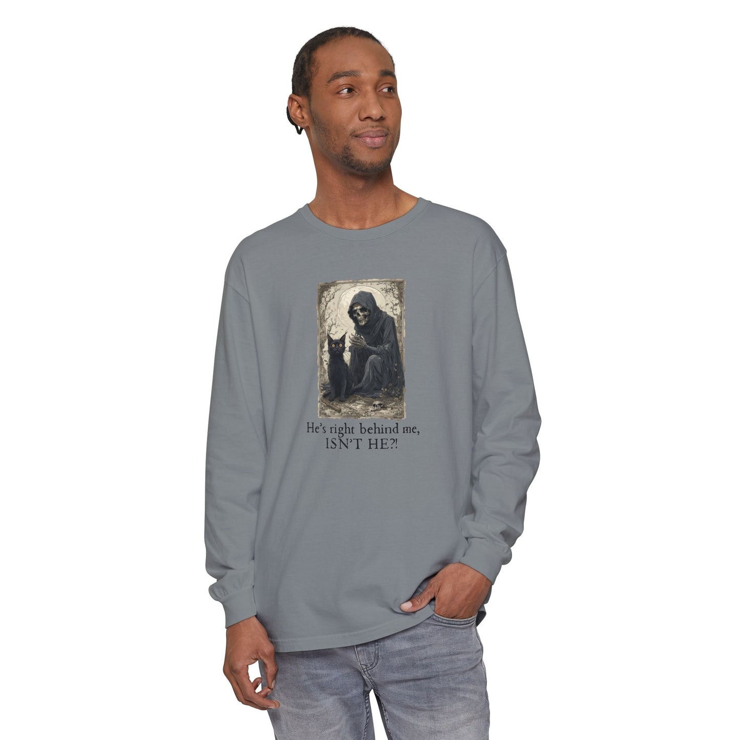 Whimsical Grim Reaper Cat Long-Sleeve Tee – Ideal for Halloween Lovers - Korvel