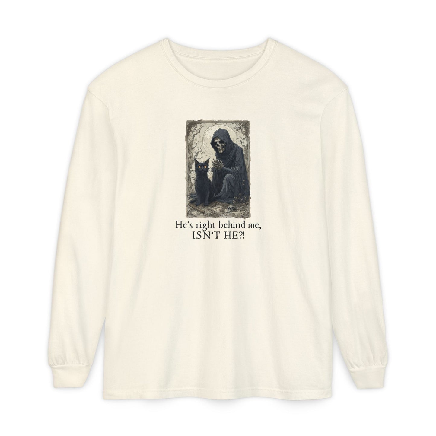 Whimsical Grim Reaper Cat Long-Sleeve Tee – Ideal for Halloween Lovers - Korvel