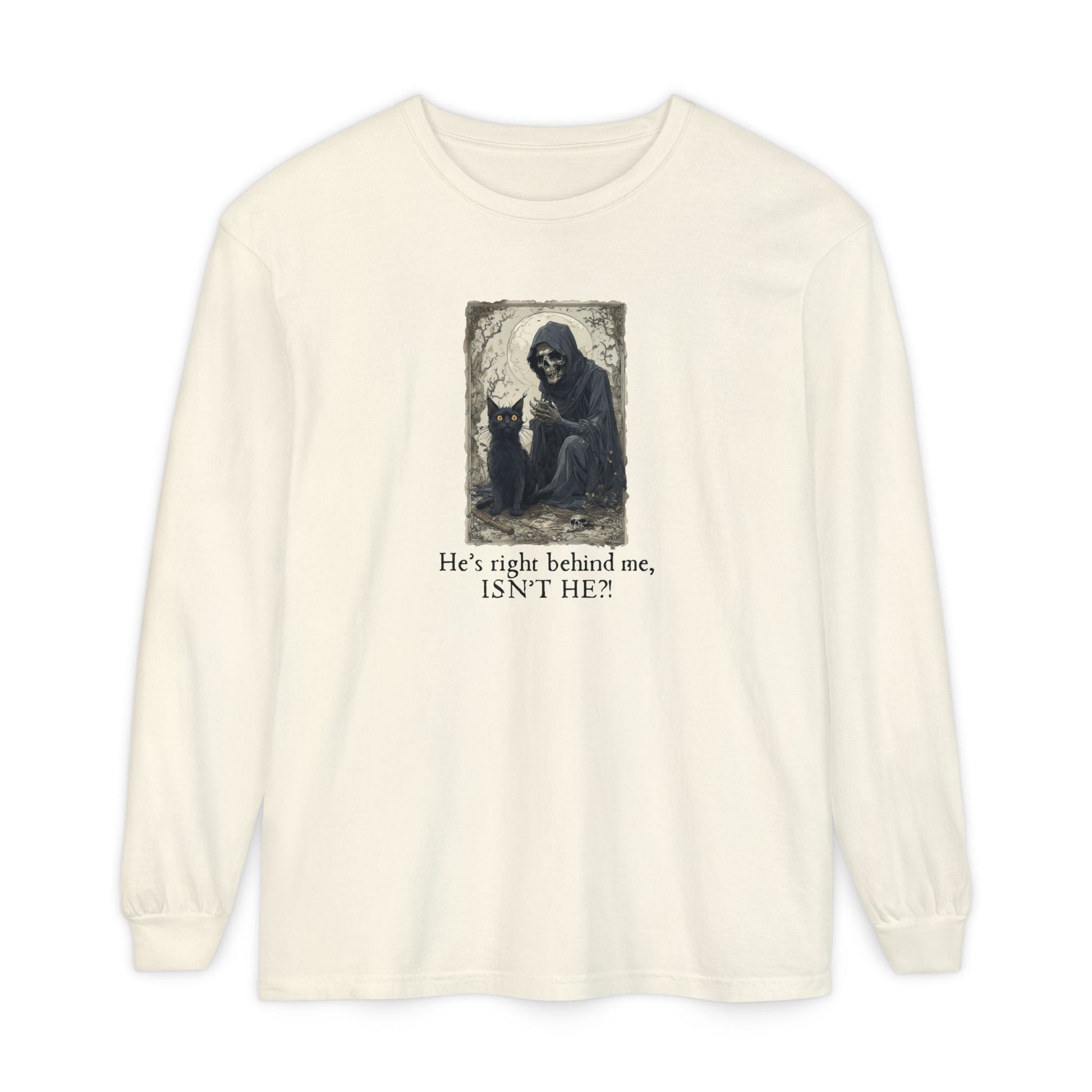 Whimsical Grim Reaper Cat Long-Sleeve Tee – Ideal for Halloween Lovers - Korvel