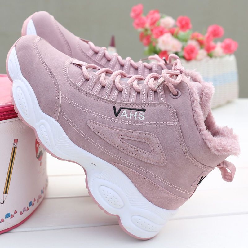 Sports shoes, casual with plush insulation, cotton shoes, leather surface, Korean version, versatile, high top, dad shoes, women's shoes - Korvel