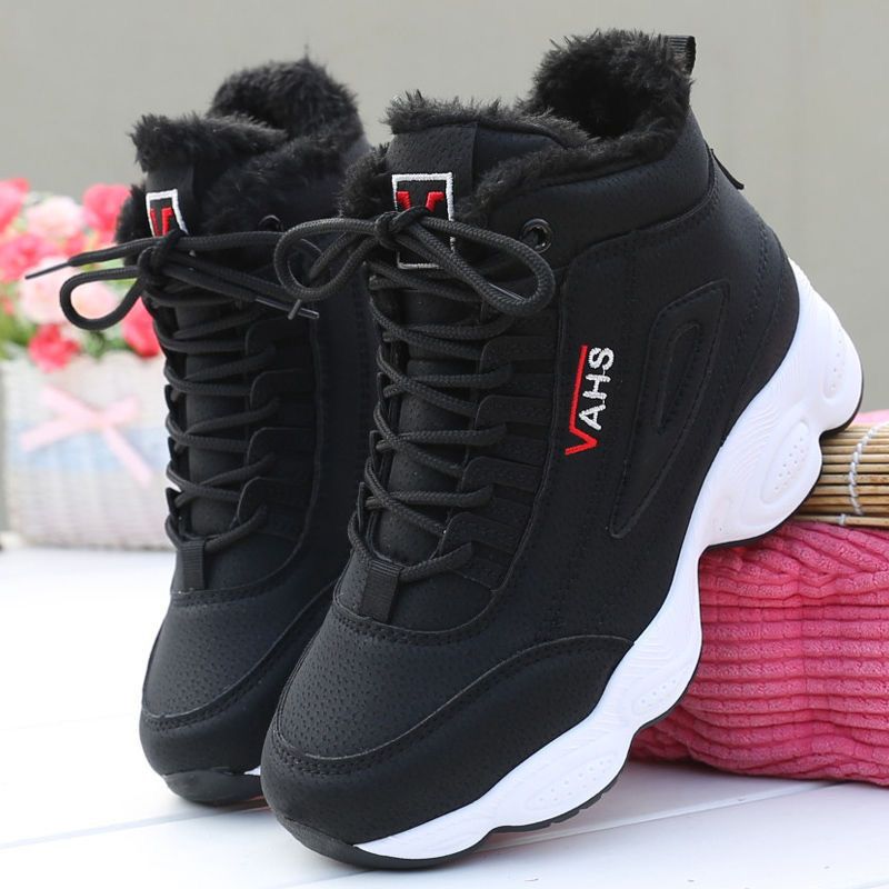 Sports shoes, casual with plush insulation, cotton shoes, leather surface, Korean version, versatile, high top, dad shoes, women's shoes - Korvel