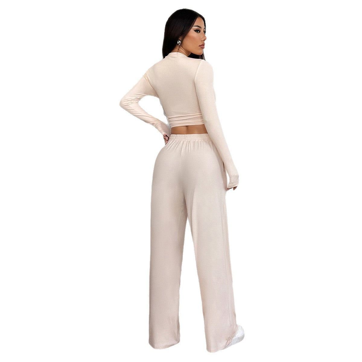 Sports style high elasticity long sleeved wide leg pants set - Korvel