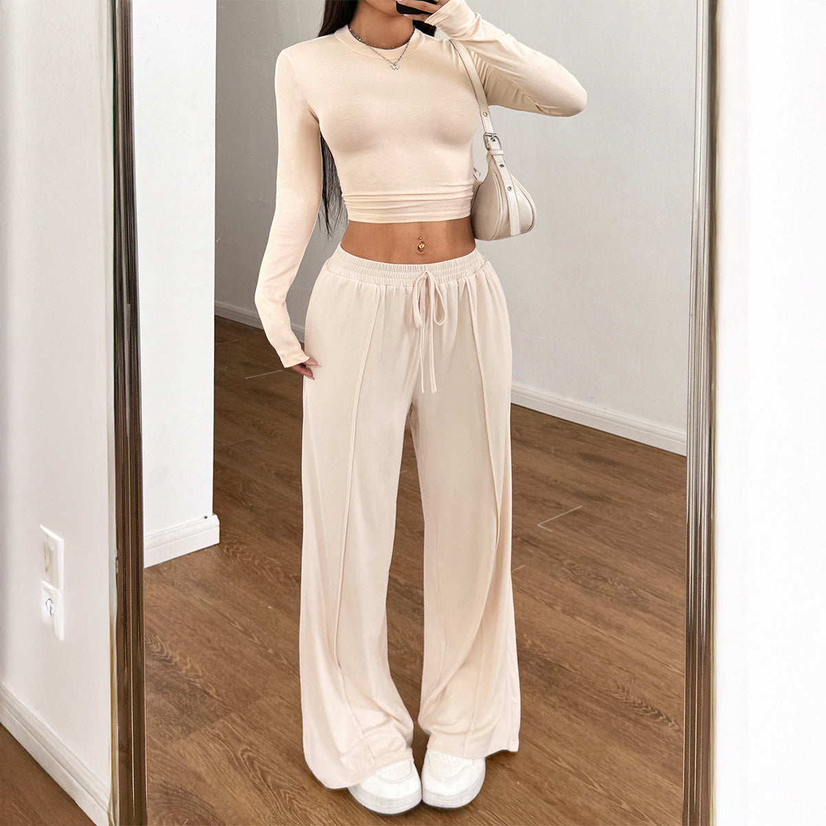 Sports style high elasticity long sleeved wide leg pants set - Korvel