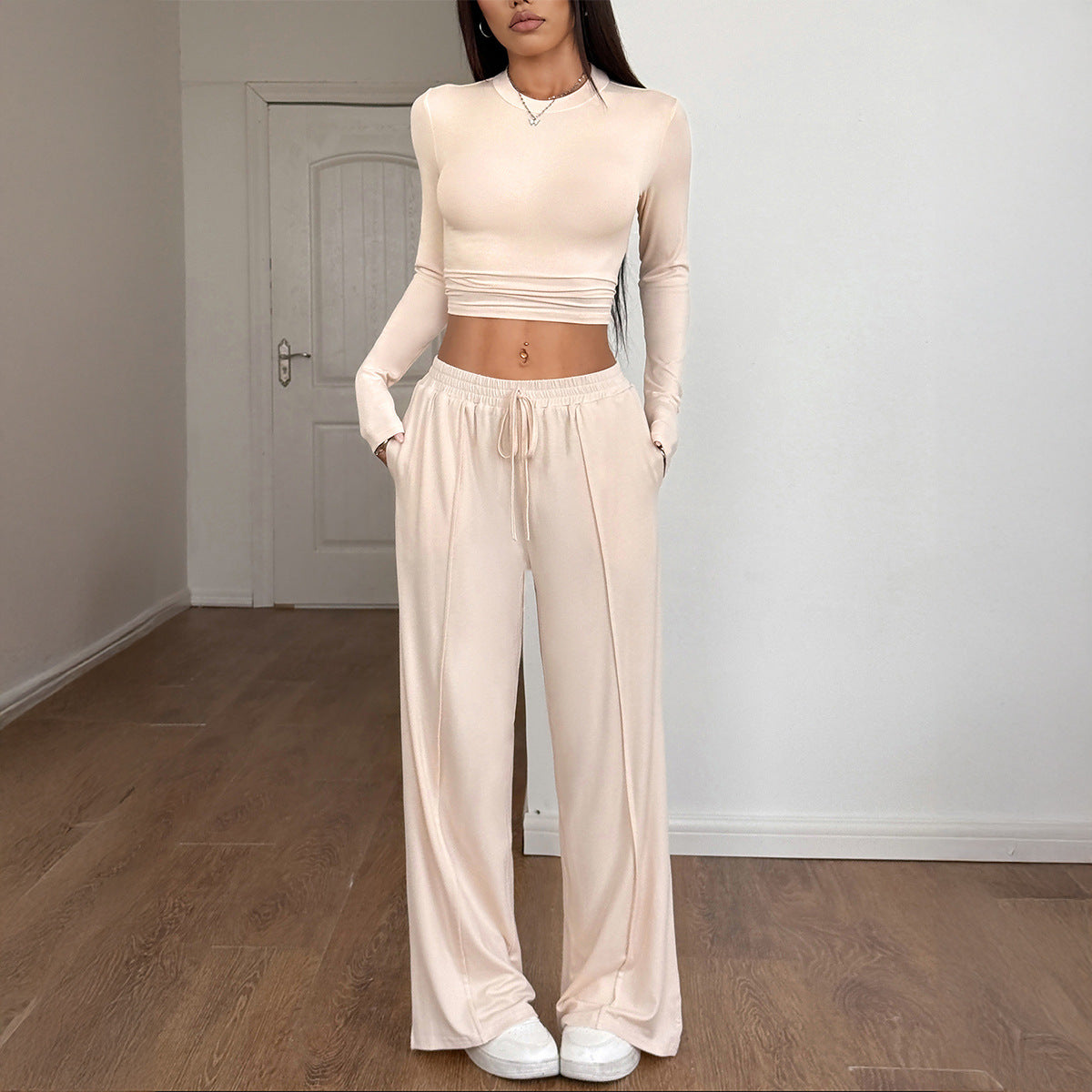 Sports style high elasticity long sleeved wide leg pants set - Korvel