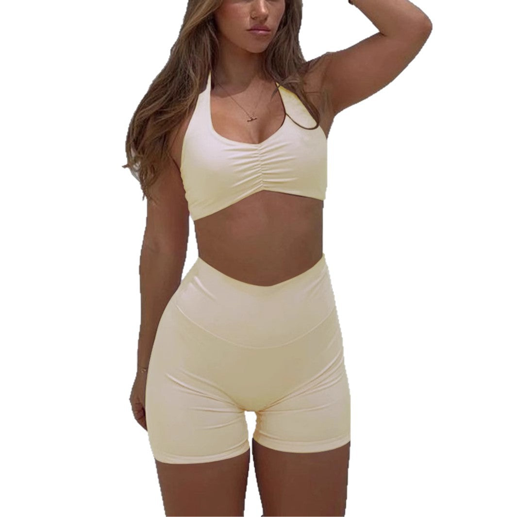 Sports style neck hanging T-shirt high stretch shorts set - Korvel