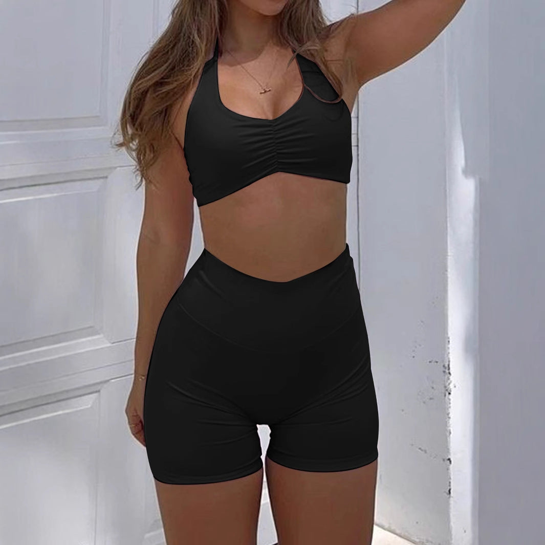 Sports style neck hanging T-shirt high stretch shorts set - Korvel