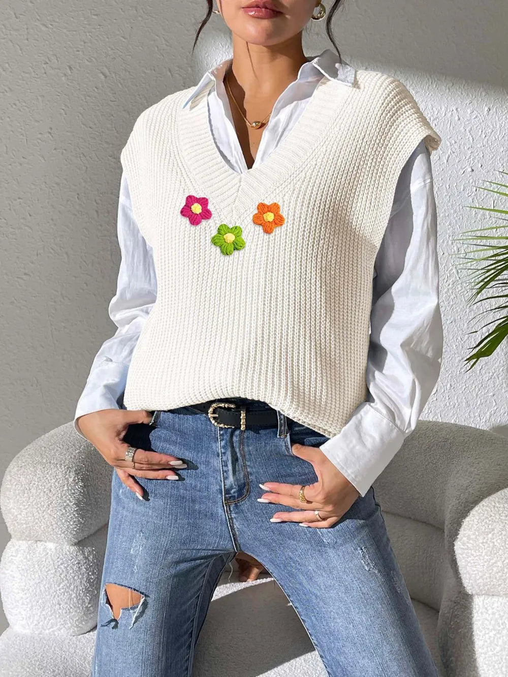 V-Neck Hand Hook Flower Splicing Sweater