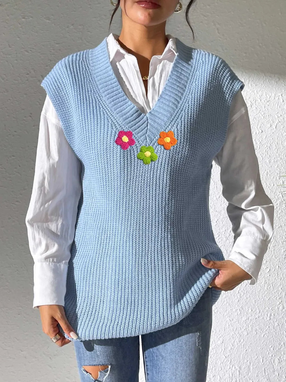 V-Neck Hand Hook Flower Splicing Sweater
