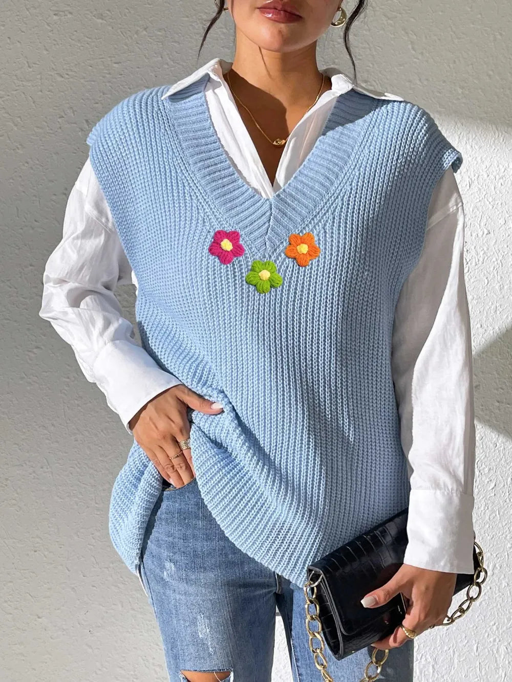 V-Neck Hand Hook Flower Splicing Sweater