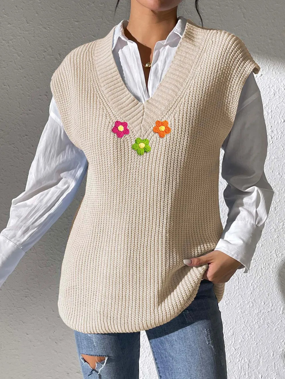 V-Neck Hand Hook Flower Splicing Sweater